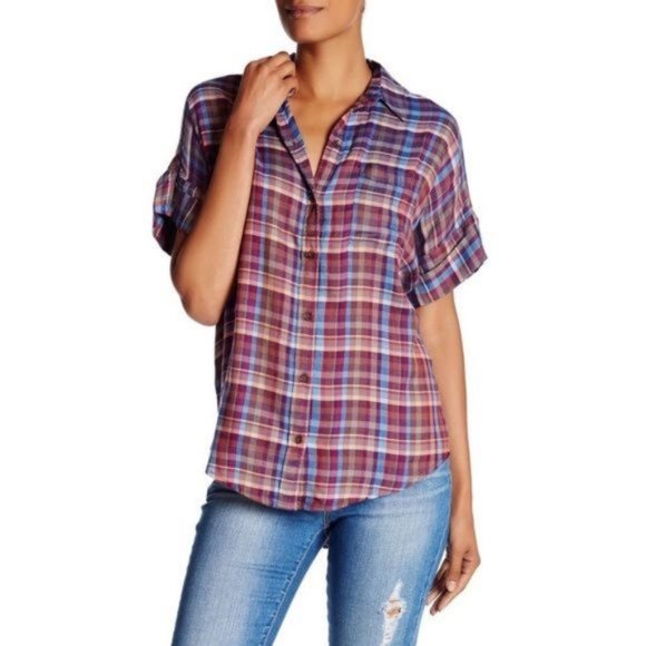 LUCKY BRAND Plaid Flannel Short Sleeve Button Down Tunic Shirt - Picture 1 of 8